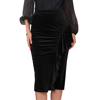 Women's Velvet Skirt Ruched High Waist Bodycon Formal Evening Cocktail Midi Pencil Skirts