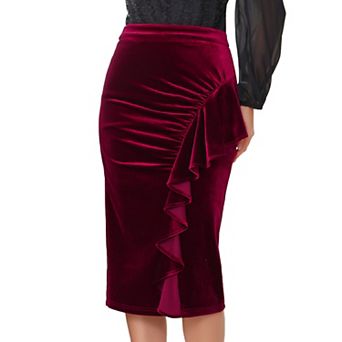 Women's Velvet Skirt Ruched High Waist Bodycon Formal Evening Cocktail Midi Pencil Skirts