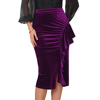 Women's Velvet Skirt Ruched High Waist Bodycon Formal Evening Cocktail Midi Pencil Skirts
