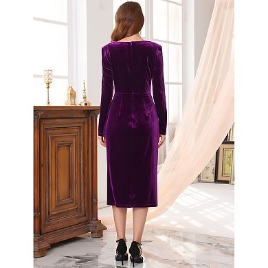 Women's Velvet Ruched Dress Square Neck Long Sleeve Formal Evening Cocktail Midi Dresses