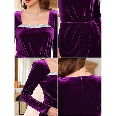 Women's Velvet Ruched Dress Square Neck Long Sleeve Formal Evening Cocktail Midi Dresses