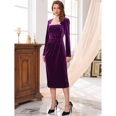 Women's Velvet Ruched Dress Square Neck Long Sleeve Formal Evening Cocktail Midi Dresses