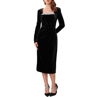 Women's Velvet Ruched Dress Square Neck Long Sleeve Formal Evening Cocktail Midi Dresses