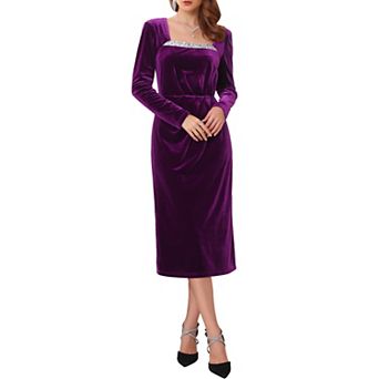 Women's Velvet Ruched Dress Square Neck Long Sleeve Formal Evening Cocktail Midi Dresses