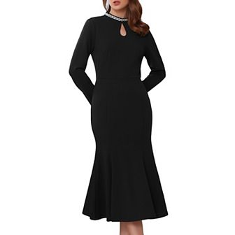 Women's Evening Fishtail Dress Long Sleeve Sequin Trim Bodycon Formal Cocktail Midi Dresses