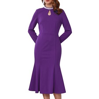 Women's Evening Fishtail Dress Long Sleeve Sequin Trim Bodycon Formal Cocktail Midi Dresses
