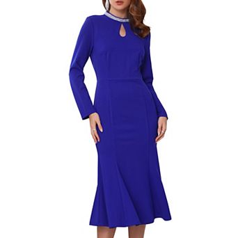 Women's Evening Fishtail Dress Long Sleeve Sequin Trim Bodycon Formal Cocktail Midi Dresses