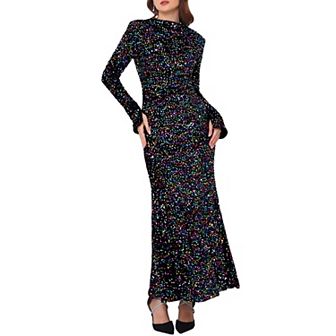 Women's Sequined Maxi Dress Velvet Crewneck Long Sleeve Cocktail Evening Bodycon Dress