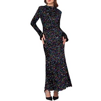 Women's Sequined Maxi Dress Velvet Crewneck Long Sleeve Cocktail Evening Bodycon Dress