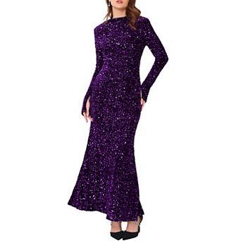Women's Sequined Maxi Dress Velvet Crewneck Long Sleeve Cocktail Evening Bodycon Dress