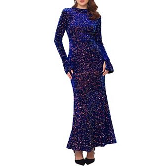 Women's Sequined Maxi Dress Velvet Crewneck Long Sleeve Cocktail Evening Bodycon Dress