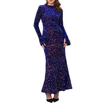 Women's Sequined Maxi Dress Velvet Crewneck Long Sleeve Cocktail Evening Bodycon Dress