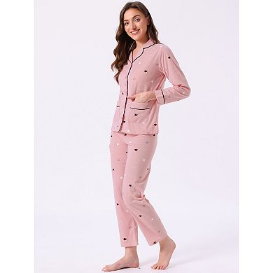 Women's Lounge Cotton Button Up Cute Pattern Print Long Sleeve Notched Collar Pants Set with Pockets