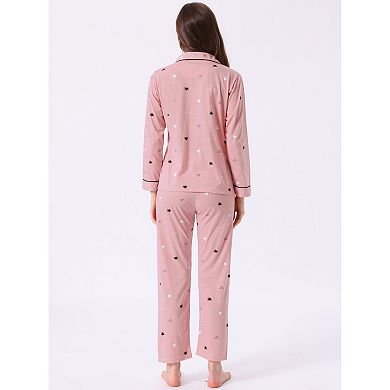 Women's Lounge Cotton Button Up Cute Pattern Print Long Sleeve Notched Collar Pants Set with Pockets