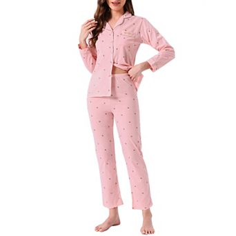 Women's Lounge Cotton Button Up Cute Pattern Print Long Sleeve Notched Collar Pants Set with Pockets