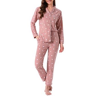 Women's Lounge Cotton Button Up Cute Pattern Print Long Sleeve Notched Collar Pants Set with Pockets