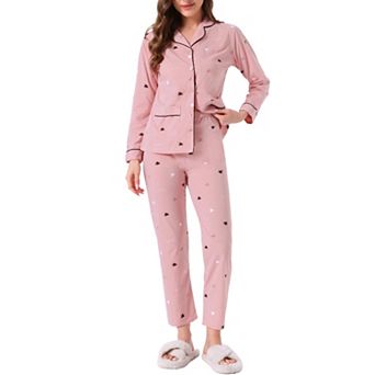 Women's Lounge Cotton Button Up Cute Pattern Print Long Sleeve Notched Collar Pants Set with Pockets