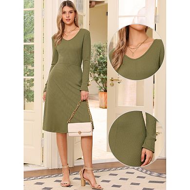Ribbed Knitted Dress for Women's Long Sleeve Crew Neck Midi Sweater Dresses