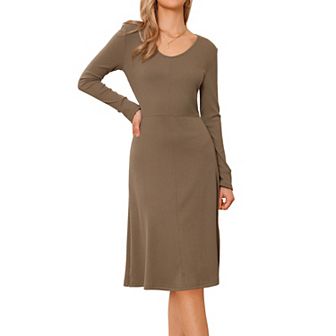 Ribbed Knitted Dress for Women's Long Sleeve Crew Neck Midi Sweater Dresses