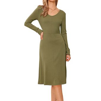 Ribbed Knitted Dress for Women's Long Sleeve Crew Neck Midi Sweater Dresses