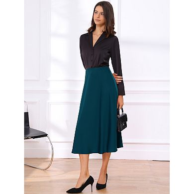 Satin Midi Skirt for Women's High Waist A-Line Elasticized Waistband Flared Dressy Casual Skirts