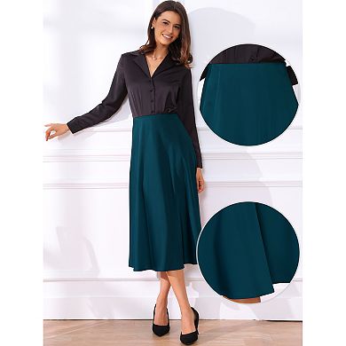 Satin Midi Skirt for Women's High Waist A-Line Elasticized Waistband Flared Dressy Casual Skirts