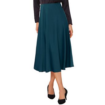 Satin Midi Skirt for Women's High Waist A-Line Elasticized Waistband Flared Dressy Casual Skirts