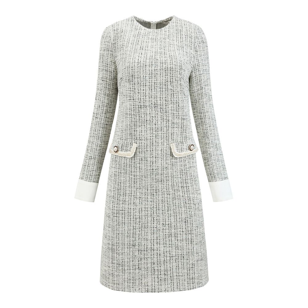 Pink Tweed A Line Work Dress with Long Sleeves main image 0