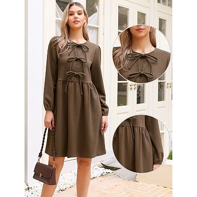 Fall Babydoll Dress for Women Casual Long Sleeve Self Tie Bow Cute Tunic Dresses