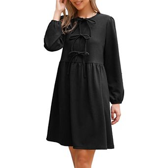 Fall Babydoll Dress for Women Casual Long Sleeve Self Tie Bow Cute Tunic Dresses