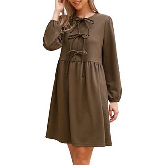 Fall Babydoll Dress for Women Casual Long Sleeve Self Tie Bow Cute Tunic Dresses