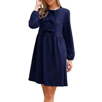 Fall Babydoll Dress for Women Casual Long Sleeve Self Tie Bow Cute Tunic Dresses