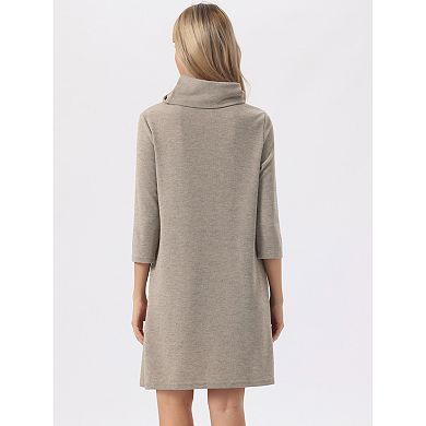 Women's Turtleneck Knit Dress 3/4 Sleeve Loose Pullover Sweater Fall Winter Mini Dress with Pockets