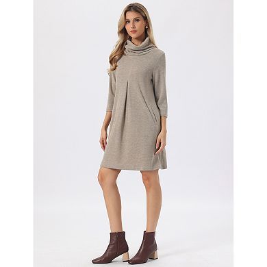 Women's Turtleneck Knit Dress 3/4 Sleeve Loose Pullover Sweater Fall Winter Mini Dress with Pockets
