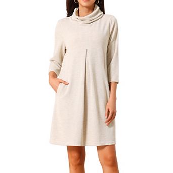 Women's Turtleneck Knit Dress 3/4 Sleeve Loose Pullover Sweater Fall Winter Mini Dress with Pockets
