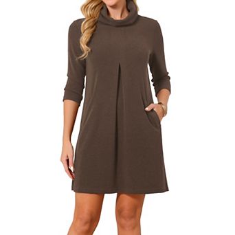 Women's Turtleneck Knit Dress 3/4 Sleeve Loose Pullover Sweater Fall Winter Mini Dress with Pockets