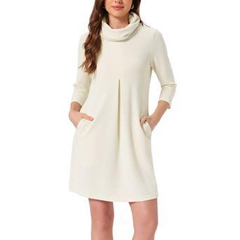 Women's Turtleneck Knit Dress 3/4 Sleeve Loose Pullover Sweater Fall Winter Mini Dress with Pockets