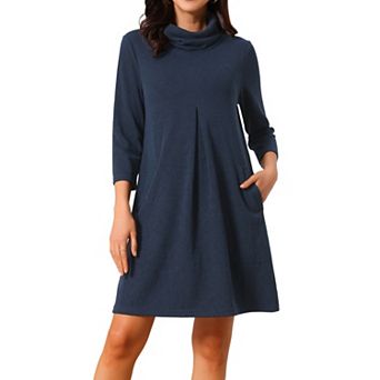 Women's Turtleneck Knit Dress 3/4 Sleeve Loose Pullover Sweater Fall Winter Mini Dress with Pockets