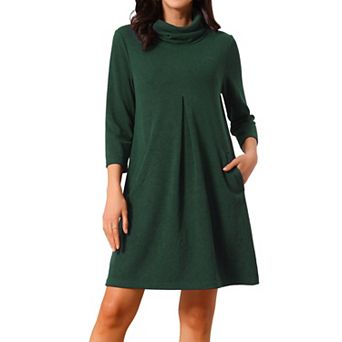 Women's Turtleneck Knit Dress 3/4 Sleeve Loose Pullover Sweater Fall Winter Mini Dress with Pockets