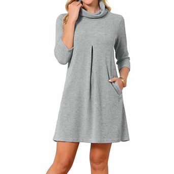 Women's Turtleneck Knit Dress 3/4 Sleeve Loose Pullover Sweater Fall Winter Mini Dress with Pockets