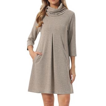Women's Turtleneck Knit Dress 3/4 Sleeve Loose Pullover Sweater Fall Winter Mini Dress with Pockets