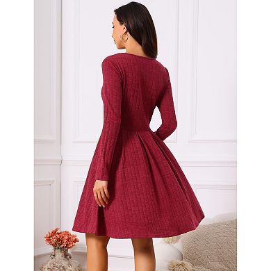 Women's Long Sleeve Dresses Round Neck Loose A- Line Swing Knee Length Dress with Pockets