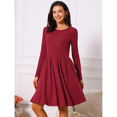 Women's Long Sleeve Dresses Round Neck Loose A- Line Swing Knee Length Dress with Pockets