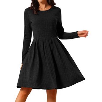 Women's Long Sleeve Dresses Round Neck Loose A- Line Swing Knee Length Dress with Pockets