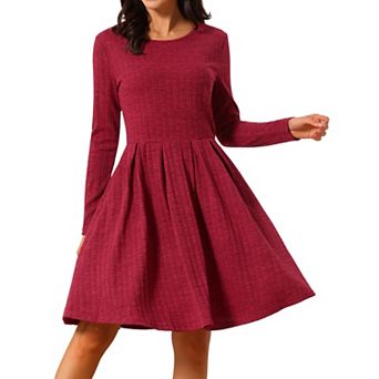 Women's Long Sleeve Dresses Round Neck Loose A- Line Swing Knee Length Dress with Pockets