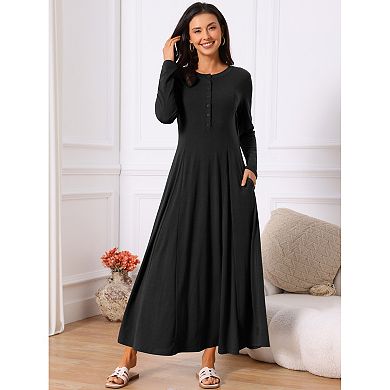 Women's Fall Long Dresses Button Fit Long Sleeve Flowy A-Line Maxi Dress with Pockets
