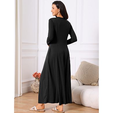 Women's Fall Long Dresses Button Fit Long Sleeve Flowy A-Line Maxi Dress with Pockets