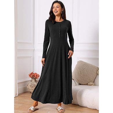Women's Fall Long Dresses Button Fit Long Sleeve Flowy A-Line Maxi Dress with Pockets