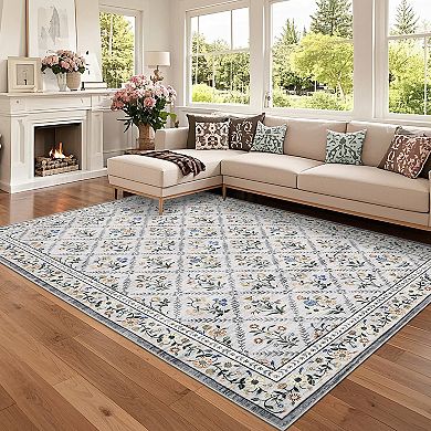 Garvee Modern Pastoral Area Rug Machine Washable Non Slip Ultra Thin Bordered Indoor Soft Carpet
