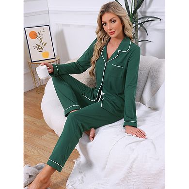 Women's Button Down Long Sleeve Sleepwear Drawstring Pants with Pockets Pajamas Set
